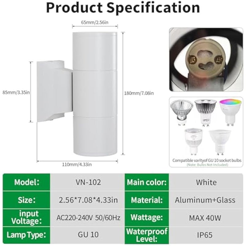 V.nice Outdoor Wall Light GU10 Up Down Light – IP65 Waterproof Exterior Sconce Lamp, 2 Sizes & 2 Colors, Aluminum Modern Wall Lamp for Porch, Patio, Doorway, Garden - Image 2