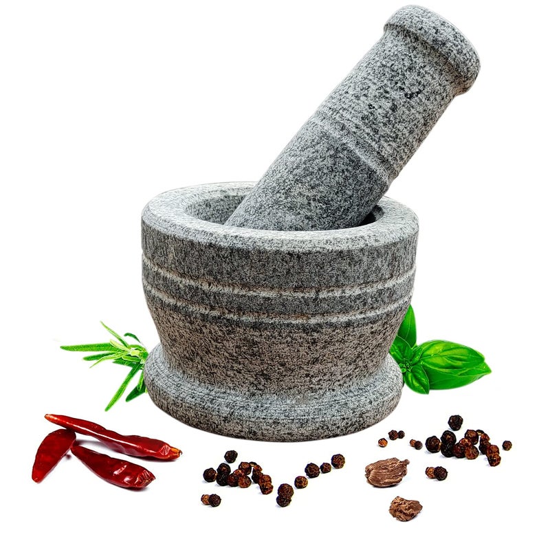 EZAHK Stone Mortar and Pestle Set 13 cm Width 13 cm Height Unpolished Stone Heavy Duty Spices Large Mortar Pestles - Image 1