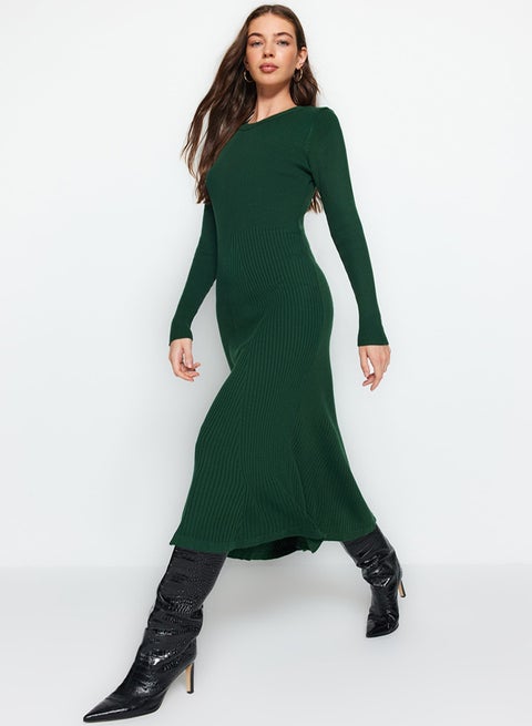 Emerald Green Midi Knitwear Crew Neck Dress
