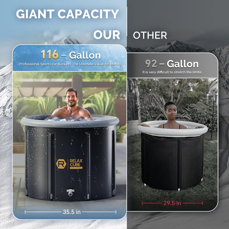 RelaxCube حوض استحمام ثلجي للرياضيين، 116 جالون حوض غمر بارد XL للتعافي والعلاج بالماء البارد، حوض ثلجي محمول متعدد الطبقات في الهواء الطلق، حوض استحمام ثلجي قابل للنفخ في المنزل - Image 2