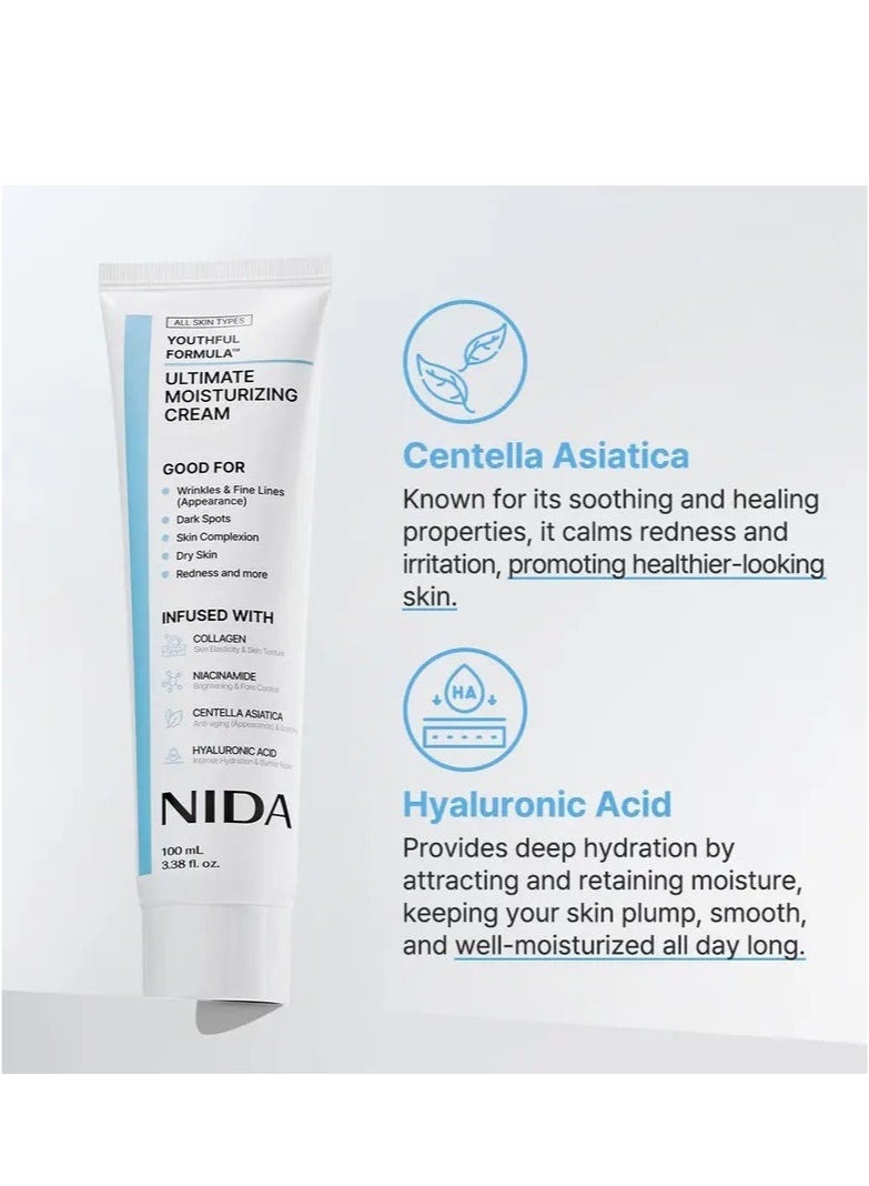 نيدا يوثفول فورمولا™ كريم الترطيب النهائي | 3.38 أونصة سائلة (100 مل) | سينتيلا أسياتيكا + نياسيناميد + حمض الهيالورونيك + كولاجين | يستهدف التجاعيد والخطوط الدقيقة والبقع الداكنة والجفاف والاحمرار | الكل في واحد لمكافحة الشيخوخة والإصلاح - Image 4