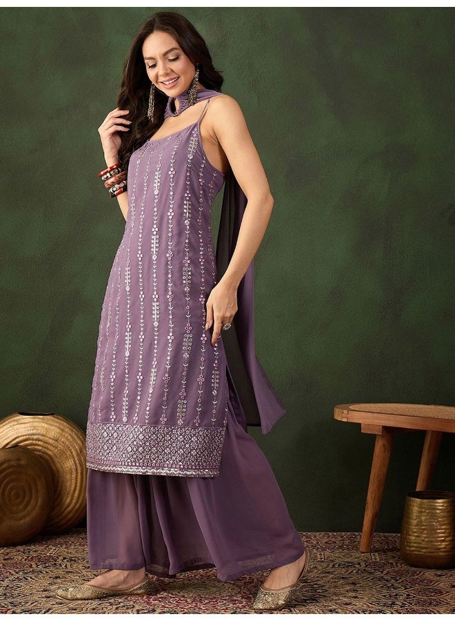 أيه كيه إس طقم كورتا بنفسجي مرصع بالترتر مع شال - Image 1