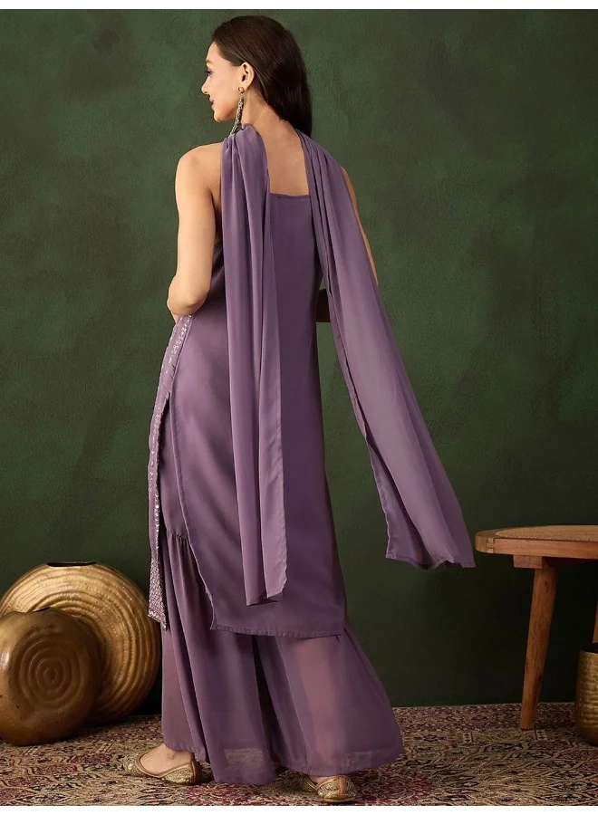 AKS Purple Sequinned Kurta Set With Dupatta