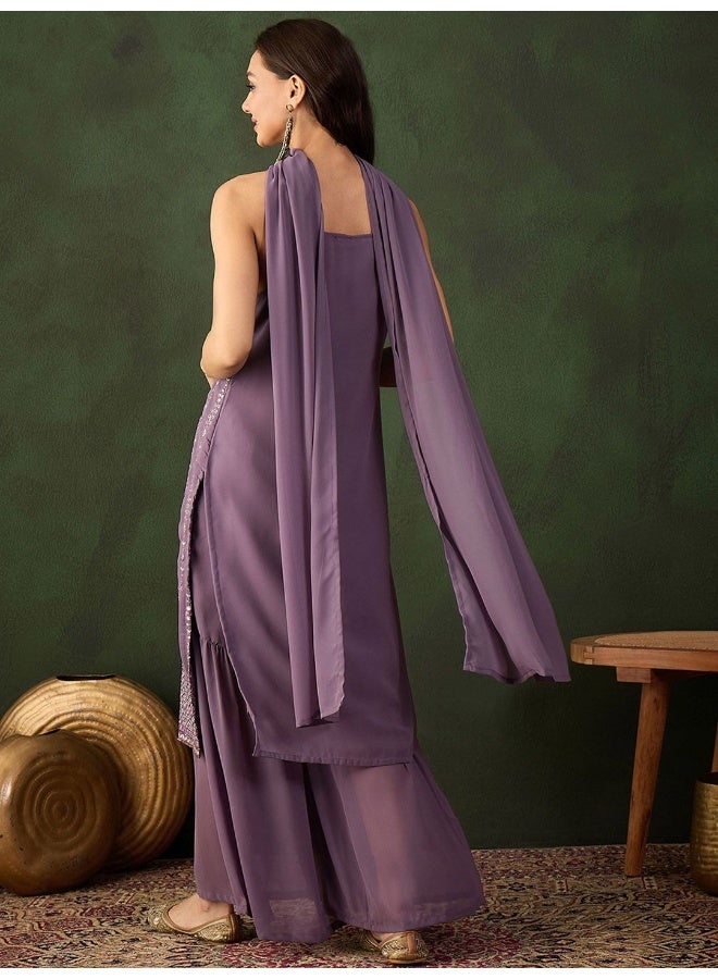 أيه كيه إس طقم كورتا بنفسجي مرصع بالترتر مع شال - Image 4