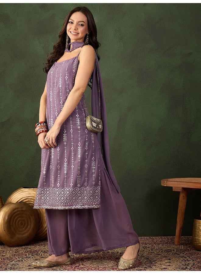 أيه كيه إس طقم كورتا بنفسجي مرصع بالترتر مع شال - Image 5