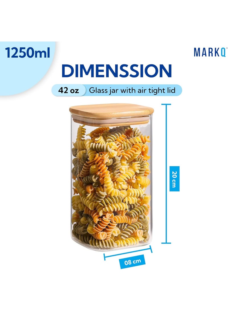 MARKQ Glass Storage Jar with Bamboo Lid, 1250ml, 8x20cm – Tall Airtight Kitchen Container for Flour, Sugar, Pulses, Rice & Everyday Pantry Essentials, Pack of 3 - Image 3