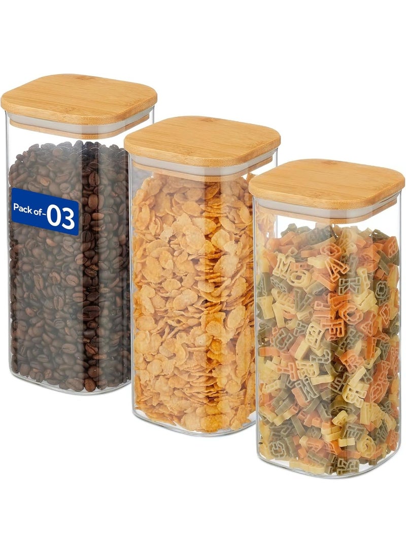 MARKQ Glass Storage Jar with Bamboo Lid, 1250ml, 8x20cm – Tall Airtight Kitchen Container for Flour, Sugar, Pulses, Rice & Everyday Pantry Essentials, Pack of 3 - Image 1