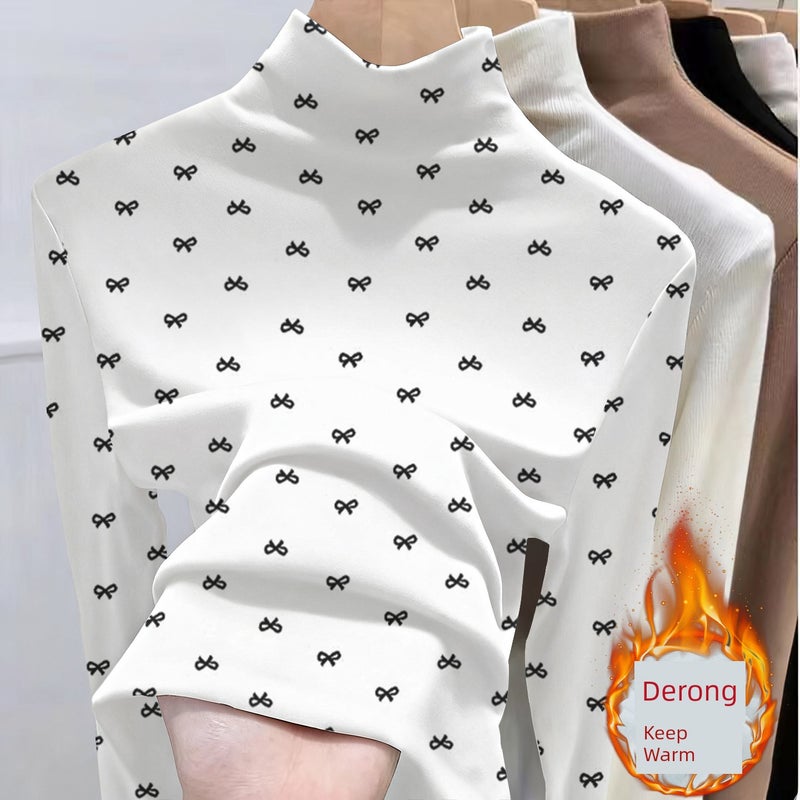Chic cherry base shirt for women's autumn and winter new slim-fit printed half-turtleneck thick long-sleeved t-shirt with inner top - Image 3