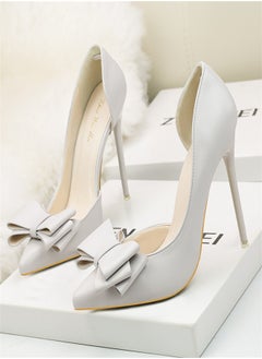 Eloshman Fashionable And Delicate, Sweet Bow, Shallow Mouthed Pointed Side Cut High Heels Grey  - Image 2
