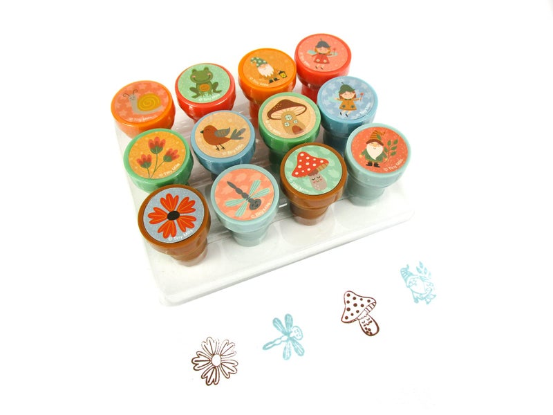 TINYMILLS TINYMILLS 12 Pcs Garden Fairies Mushroom Gnomes Stamp Kit for Kids  Gnomes Garden Fairies Tea Party Self Inking Stamps Gift Party Favors