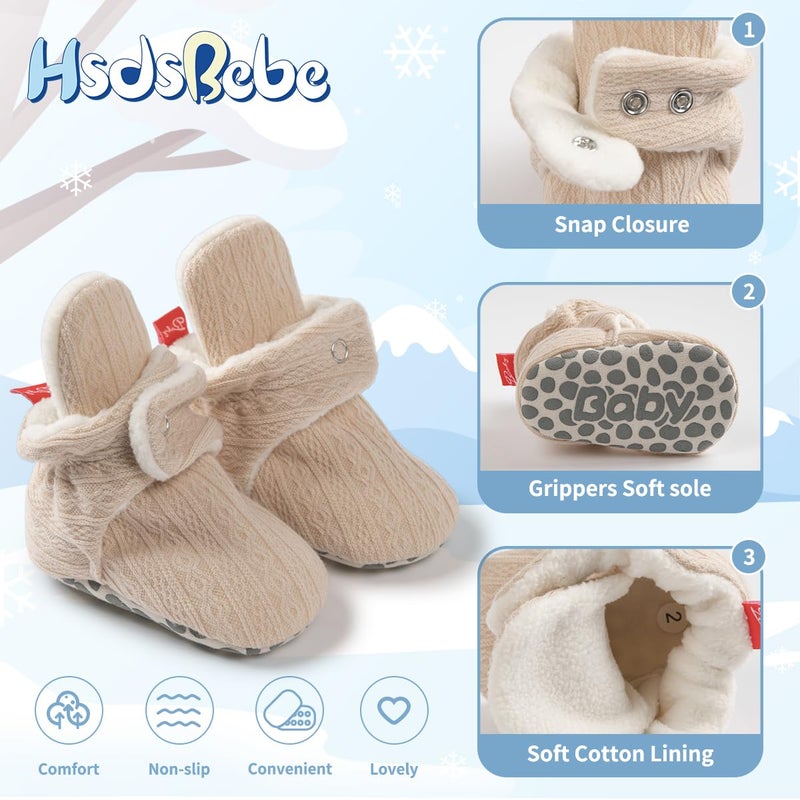 HsdsBebe Unisex Newborn Baby Cotton Booties Non-Slip Sole for Toddler Boys Girls Infant Winter Warm Fleece Cozy Socks Shoes(0-6 months) - Image 5