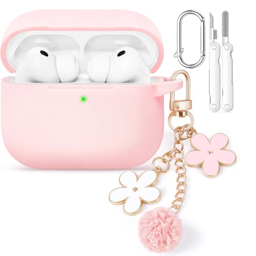Wowwat for AirPods Pro 3 Case Cover 2025, Soft Pink Silicone Protective Shell Compatible with Apple AirPods Pro 3 Generation Case for Women Girly with Flower Chain,Keychain & Cleaner Kit-Pink - Image 1