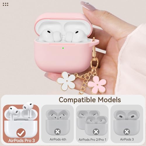 Wowwat for AirPods Pro 3 Case Cover 2025, Soft Pink Silicone Protective Shell Compatible with Apple AirPods Pro 3 Generation Case for Women Girly with Flower Chain,Keychain & Cleaner Kit-Pink - Image 2