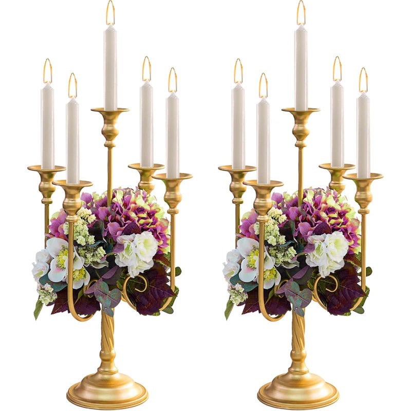 Metal Candelabra Gold Candle Stand 20in Tall 5Candle Candlestick Holder for Taper Candles Candle Holder for Wedding Centerpiece Christmas Valentine Holiday Party Event Reception Decor 2Pcs