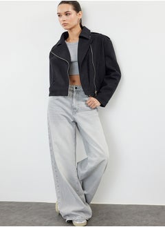 trendyol Anthracite Stamp Crop Biker Slim Jacket Coat TWOAW25MO00128  - Image 1