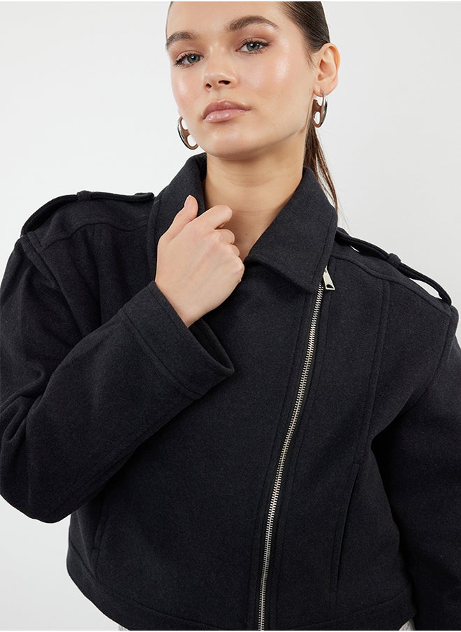 trendyol Anthracite Stamp Crop Biker Slim Jacket Coat TWOAW25MO00128  - Image 2