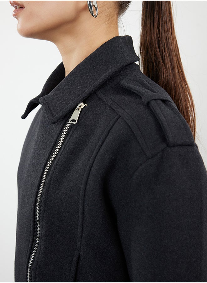 trendyol Anthracite Stamp Crop Biker Slim Jacket Coat TWOAW25MO00128  - Image 4