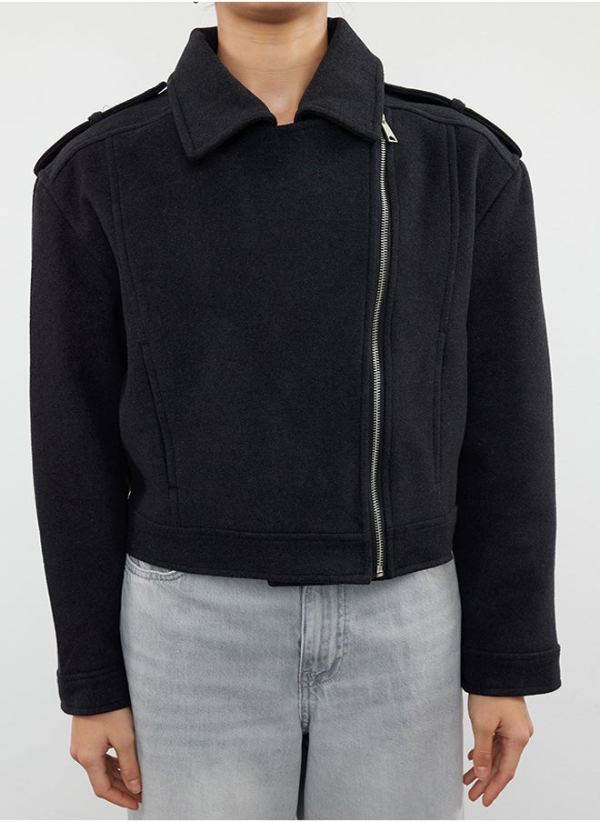 trendyol Anthracite Stamp Crop Biker Slim Jacket Coat TWOAW25MO00128  - Image 3