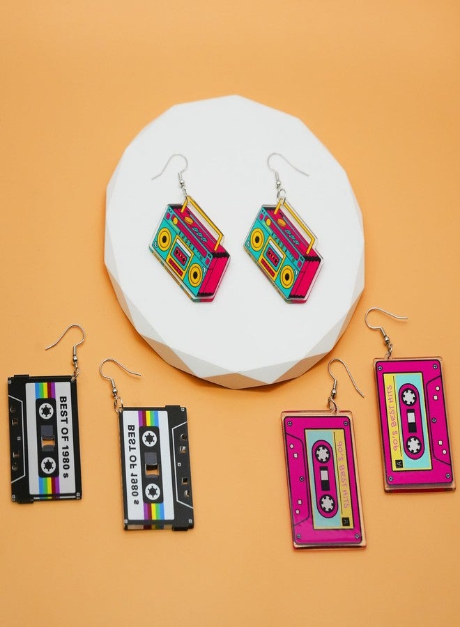 Skyfun 3 Pairs 70S 80s 90s Neon Earrings for Women Retro Cassette Tape Shape Candy Color Lightweight Acrylic Drop Dangle Earrings for 80S 90S Costume Outfits Dancing Glow Party Accessories,1980s Tape - Image 4