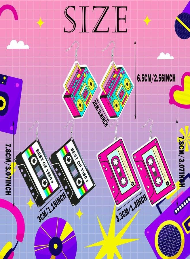 Skyfun 3 Pairs 70S 80s 90s Neon Earrings for Women Retro Cassette Tape Shape Candy Color Lightweight Acrylic Drop Dangle Earrings for 80S 90S Costume Outfits Dancing Glow Party Accessories,1980s Tape - Image 2