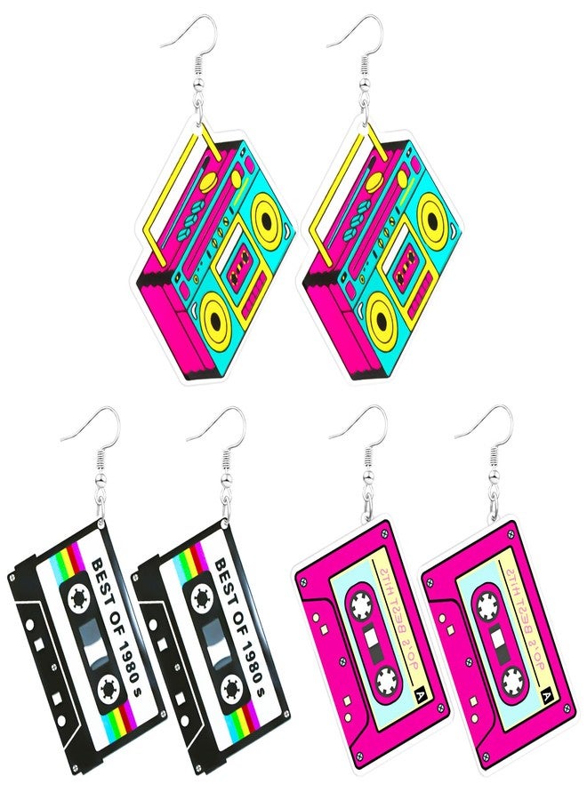 Skyfun 3 Pairs 70S 80s 90s Neon Earrings for Women Retro Cassette Tape Shape Candy Color Lightweight Acrylic Drop Dangle Earrings for 80S 90S Costume Outfits Dancing Glow Party Accessories,1980s Tape - Image 1