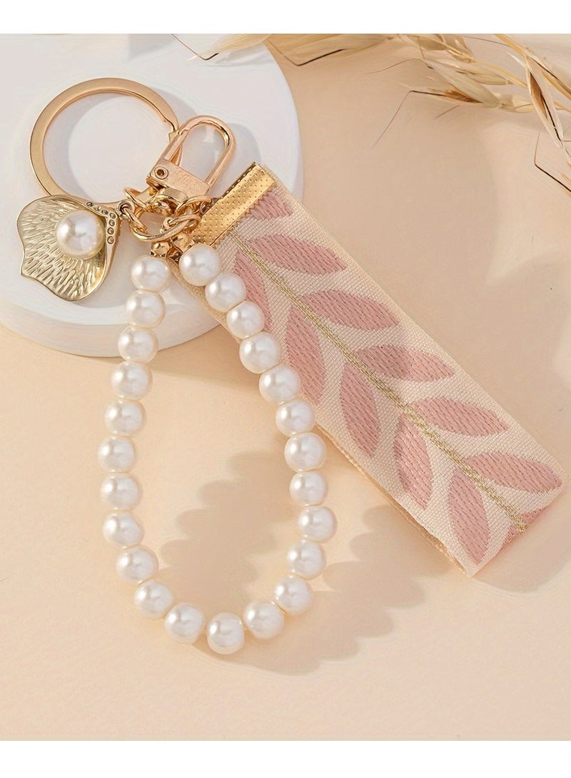 Generic DIY Pearl Keychain with Striped Ribbon and Acrylic Ocean Shell Charms, Women's Car Pendant Accessories for Birthday Decoration  - Image 1