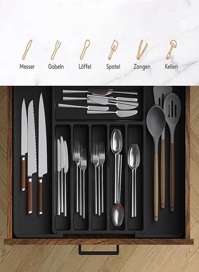 Rexez Cutlery Tray for Drawers, Adjustable Kitchen Utensil Holder, Depth 42.4 cm, Large Kitchen Organiser Expandable to 47 cm, Cutlery Holder, Utensil Holder for Lions, Forks, Knives, Black - Image 5