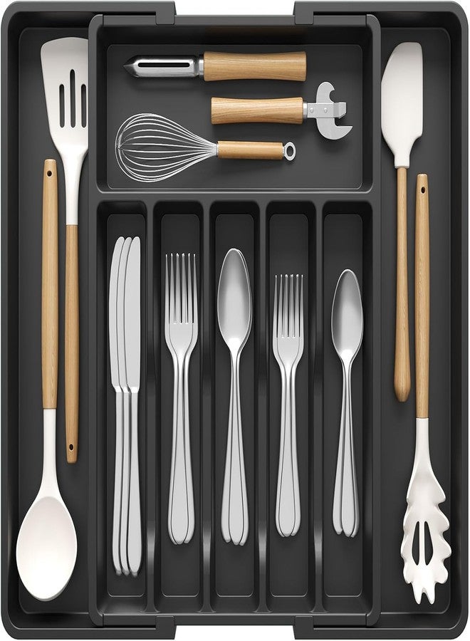 Rexez Cutlery Tray for Drawers, Adjustable Kitchen Utensil Holder, Depth 42.4 cm, Large Kitchen Organiser Expandable to 47 cm, Cutlery Holder, Utensil Holder for Lions, Forks, Knives, Black - Image 1