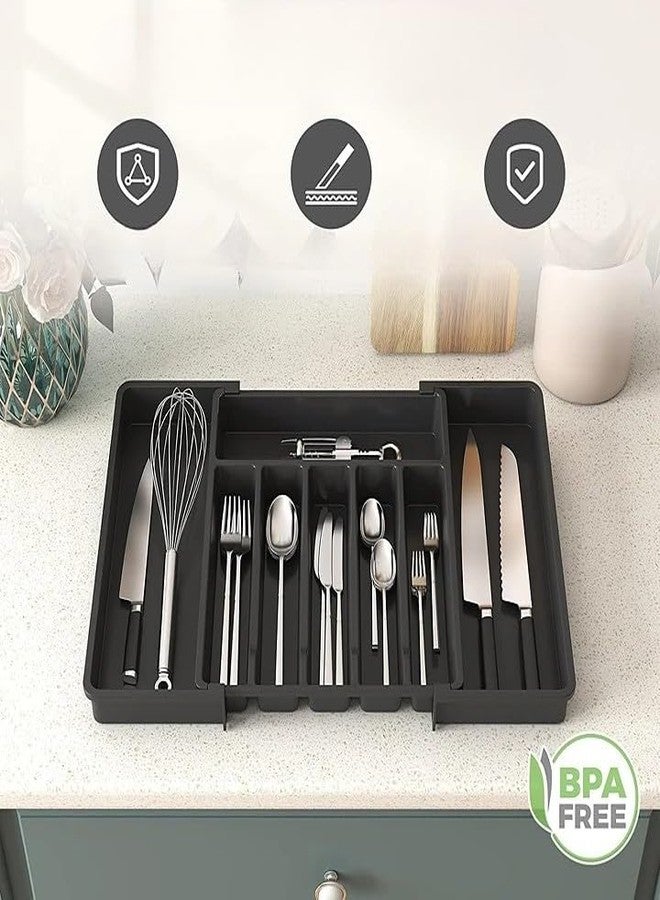 Rexez Cutlery Tray for Drawers, Adjustable Kitchen Utensil Holder, Depth 42.4 cm, Large Kitchen Organiser Expandable to 47 cm, Cutlery Holder, Utensil Holder for Lions, Forks, Knives, Black - Image 4