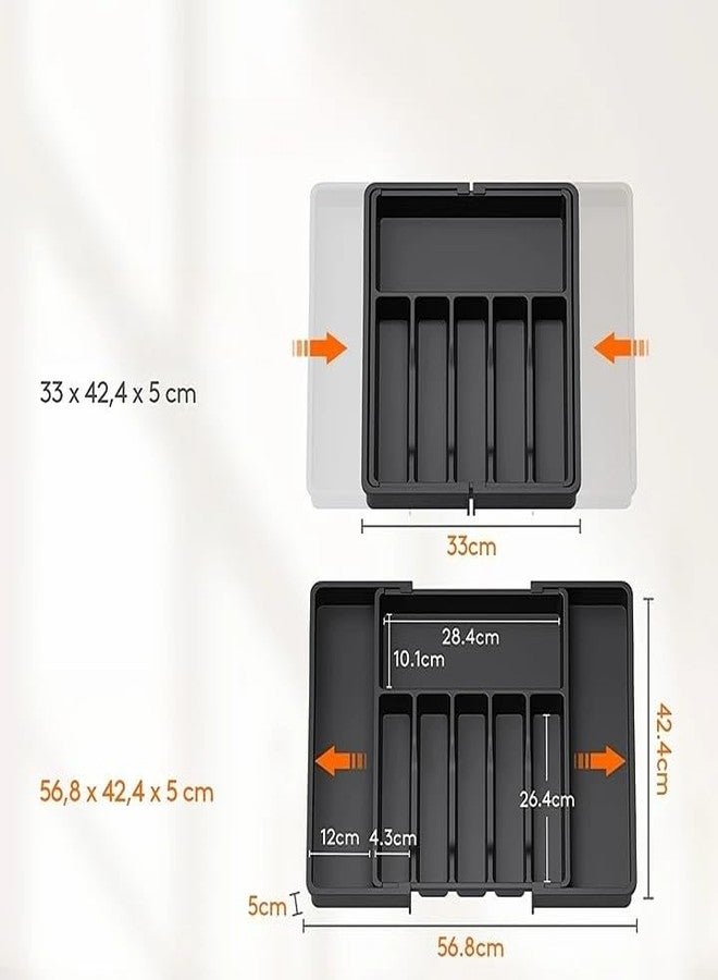 Rexez Cutlery Tray for Drawers, Adjustable Kitchen Utensil Holder, Depth 42.4 cm, Large Kitchen Organiser Expandable to 47 cm, Cutlery Holder, Utensil Holder for Lions, Forks, Knives, Black - Image 2