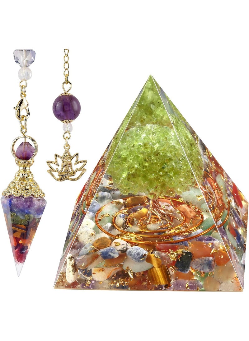 SUNYIK Orgone Pyramid & Orgone Pendulum Set, Tree of Life Orgonite Energy Generator & Orgone Crystal Points Pendulum for Divination Meditation Chakra Balancing, Rainbow & 7 Chakra