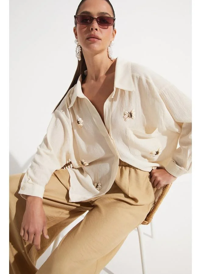 JUNE June Embroidered Detailed Loose Fit Shirt Stone