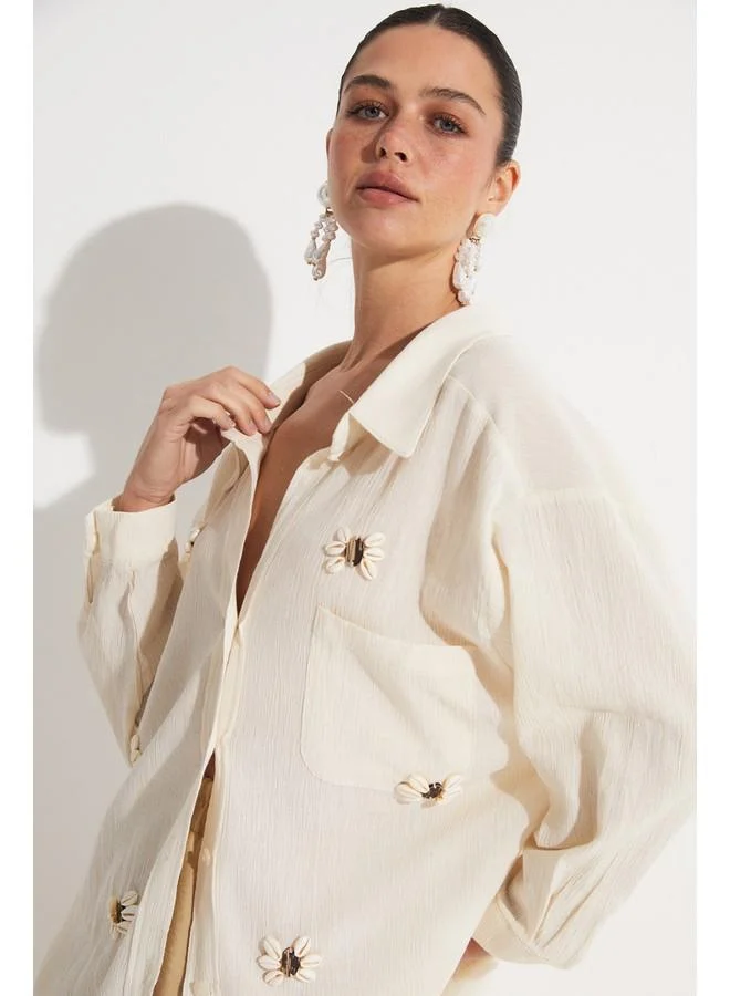 JUNE June Embroidered Detailed Loose Fit Shirt Stone