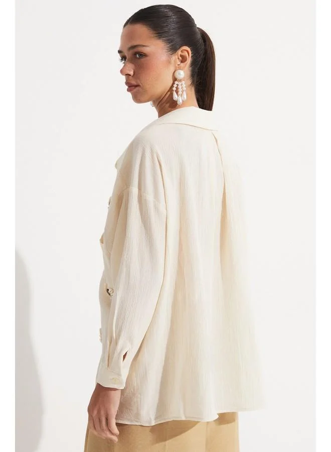 JUNE June Embroidered Detailed Loose Fit Shirt Stone