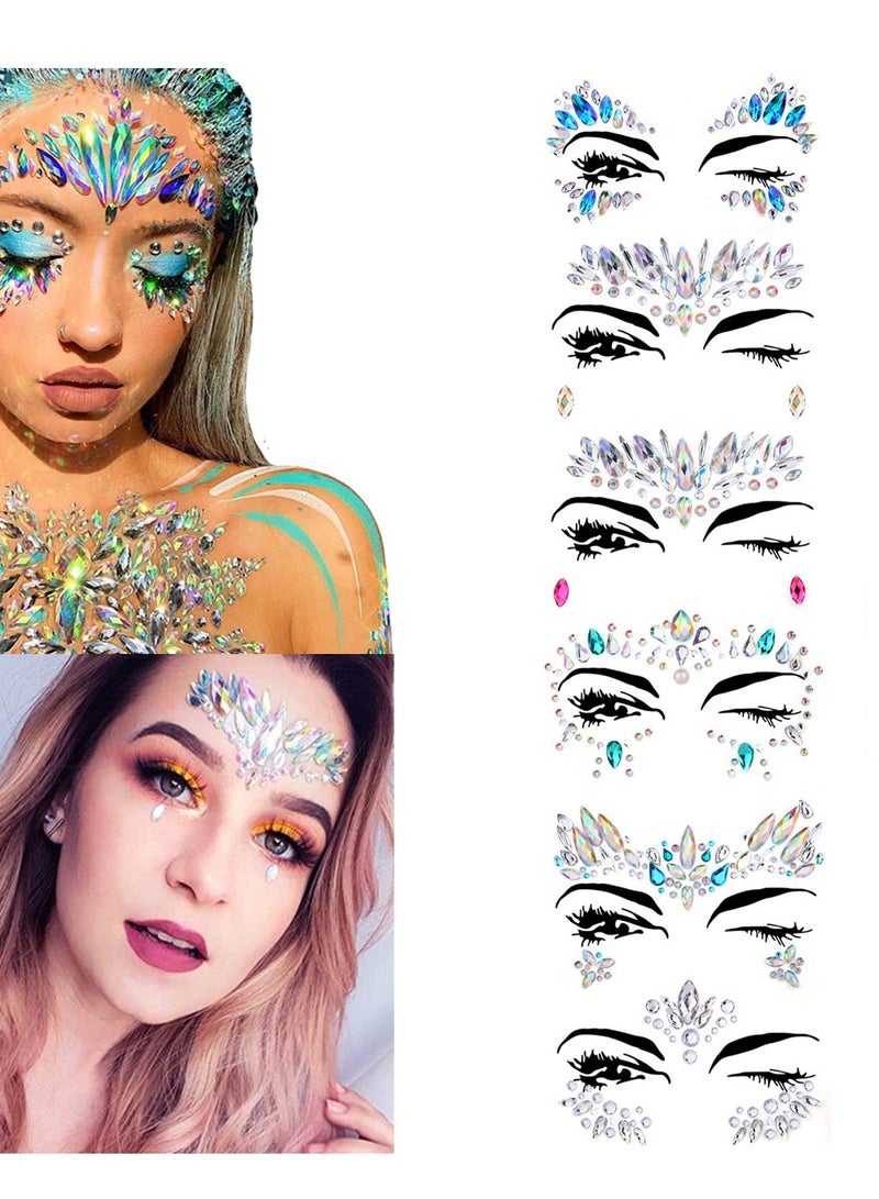 6 Set Face Gems Stickers Crystals Body Tattoo Stickers Eyes Face Temporary Tattoos for Parties, Clubs,Music Festivals  - Image 1