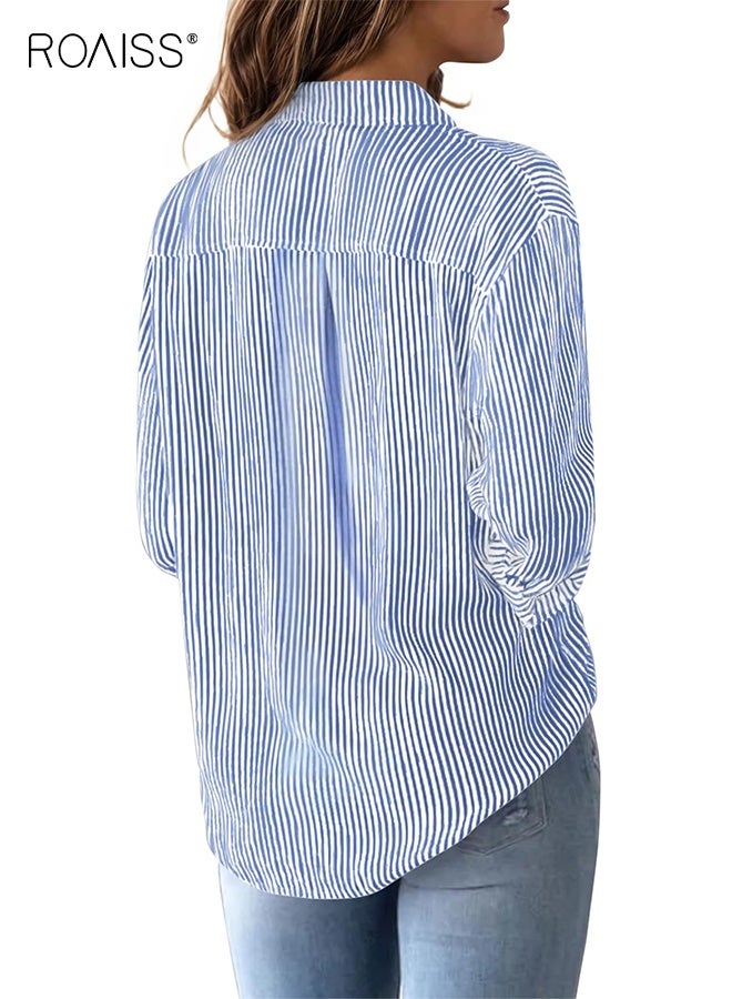 roaiss Women's Button Down Shirts Striped Dress Shirts Long Sleeve Button Up Collared Office Work Blouses Tops Classic Casual Shirt Top with Pocket for Women - Image 3