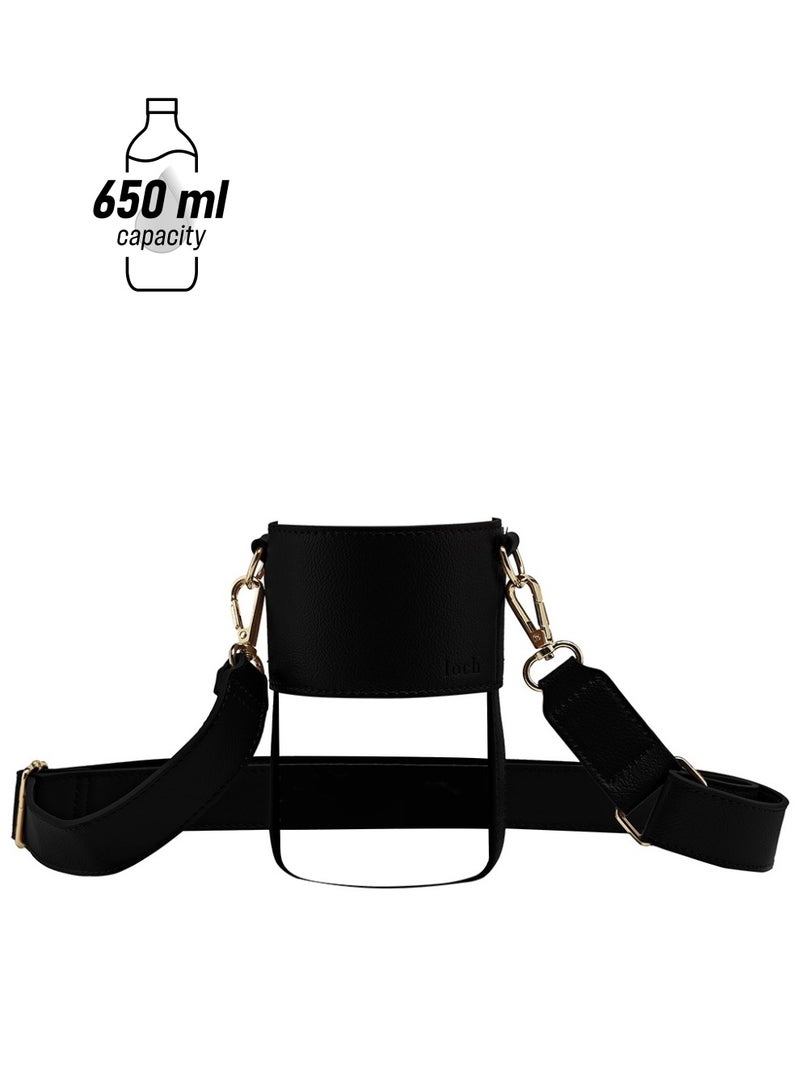 حزام أسود قابل للتعديل من الجلد النباتي بتفاصيل ذهبية لزجاجات 650 مل