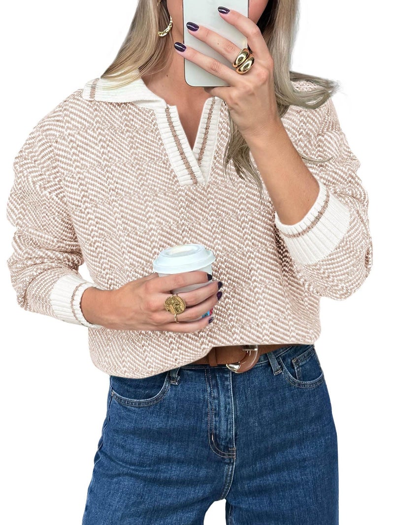 Saodimallsu Womens Fall Sweaters Tops Lapel V Neck Knit Sweater Color Block Long Sleeve Casual Soft Pullover Shirt Khaki - Image 1