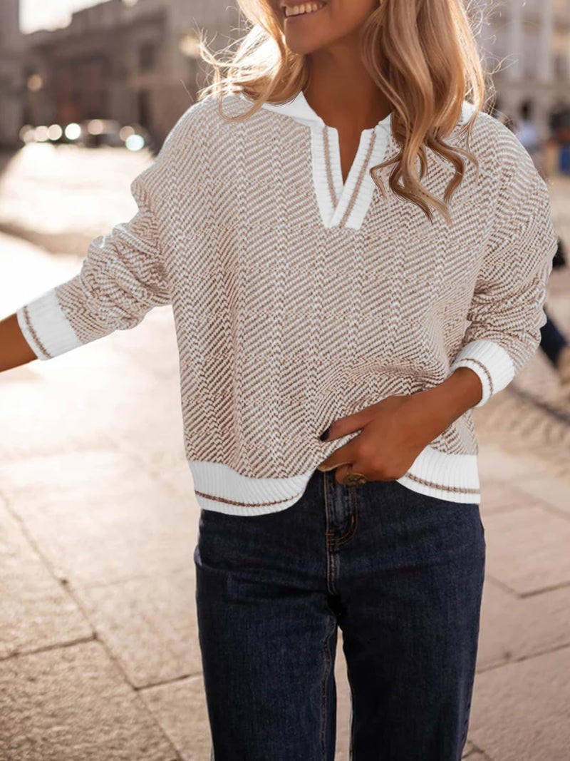 Saodimallsu Womens Fall Sweaters Tops Lapel V Neck Knit Sweater Color Block Long Sleeve Casual Soft Pullover Shirt Khaki - Image 3