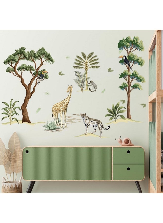 Amtoodopin Forest Tree Wall Decals Woodland Animals Wall Stickers Cute Giraffe Leopard Monkey Wall Decor Nature Wall Murals DIY Removable Vinyl Wall Art for Kids Nursery Playroom Bedroom - Image 3