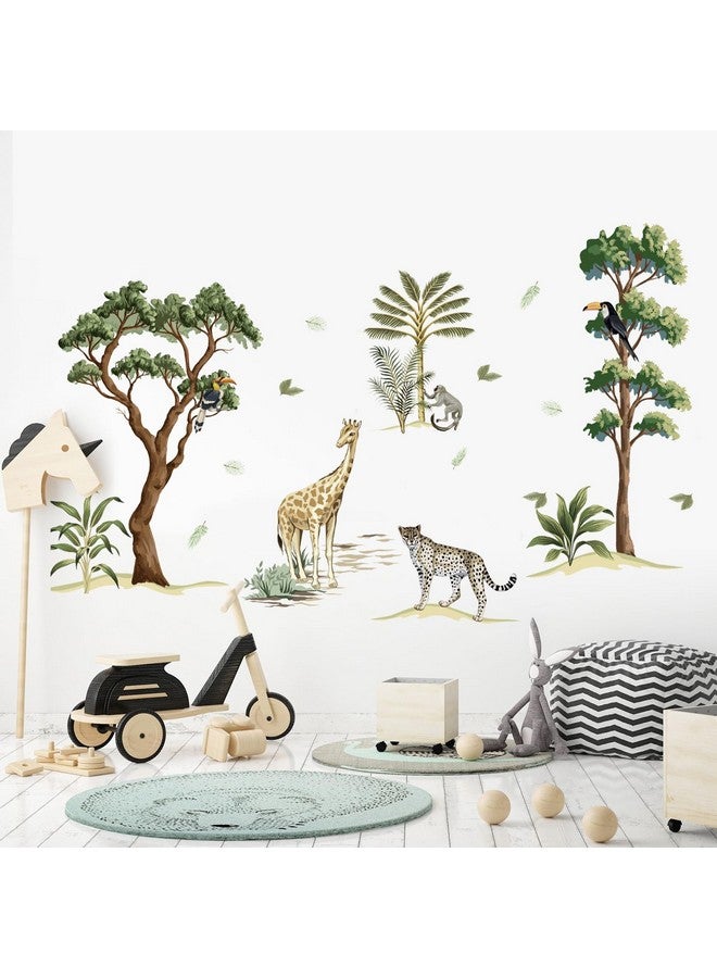 Amtoodopin Forest Tree Wall Decals Woodland Animals Wall Stickers Cute Giraffe Leopard Monkey Wall Decor Nature Wall Murals DIY Removable Vinyl Wall Art for Kids Nursery Playroom Bedroom - Image 1