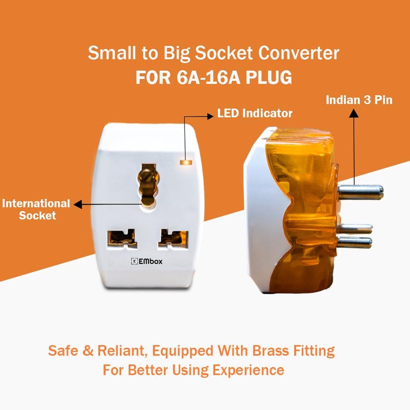 EMBOX محول قابس 6A إلى 16A للأجهزة المنزلية الثقيلة - قابس 16 أمبير مع مآخذ 3 دبابيس مناسب لجميع القوابس الدولية (6-16 قابس مؤشر LED - عبوة من 1) - Image 3