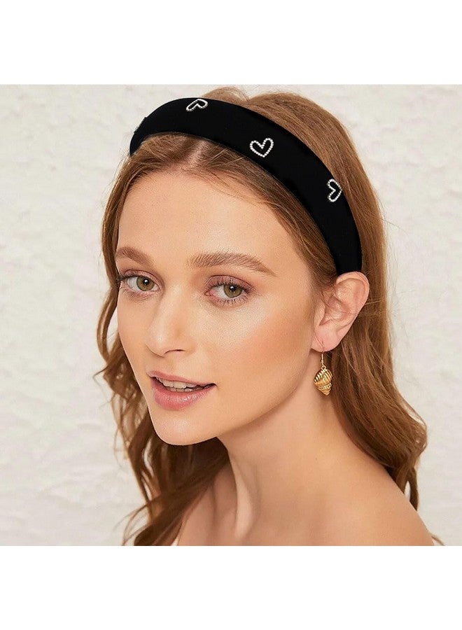 Campsis Padded Hairbands Black Heart Rhinestone Heabands Wide Elastic Headpieces Daily Graduation Prom For Women Girls - Image 3