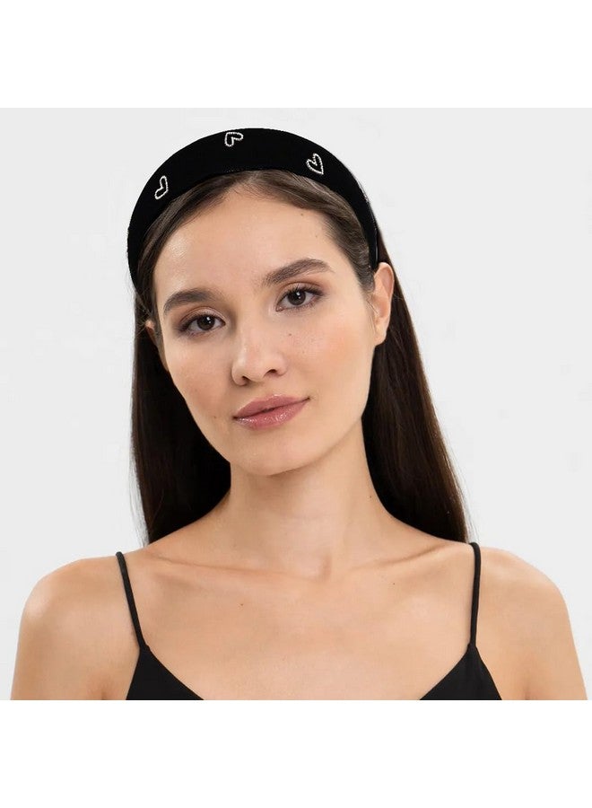 Campsis Padded Hairbands Black Heart Rhinestone Heabands Wide Elastic Headpieces Daily Graduation Prom For Women Girls - Image 4