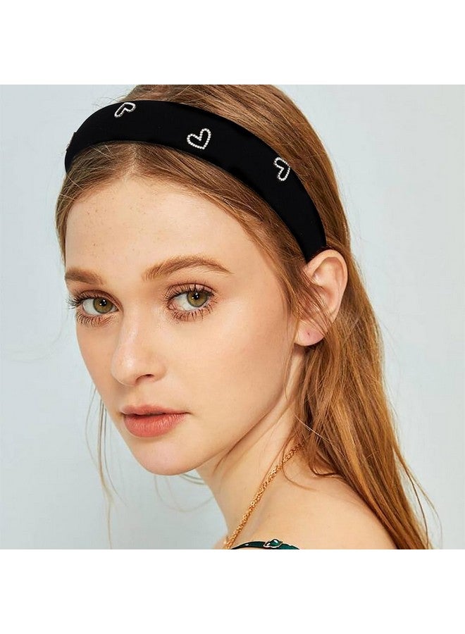 Campsis Padded Hairbands Black Heart Rhinestone Heabands Wide Elastic Headpieces Daily Graduation Prom For Women Girls - Image 2