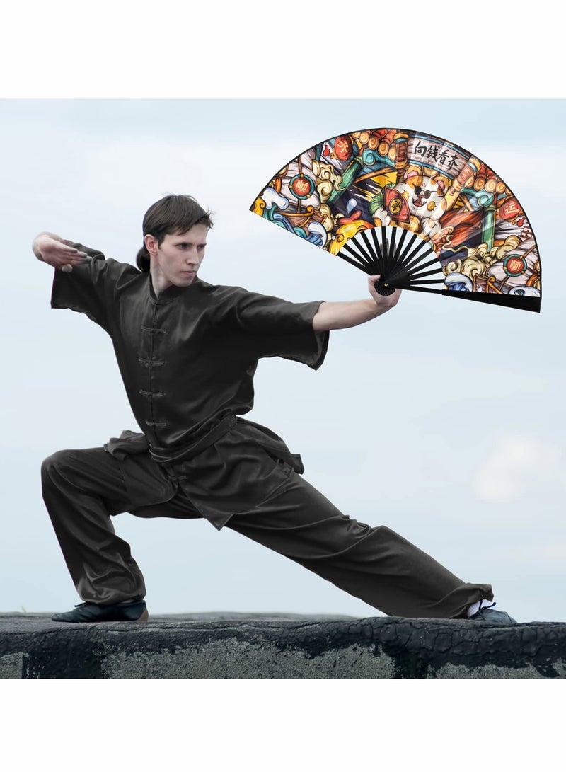 Barakah مروحة يدوية قابلة للطي كبيرة 13" للنساء/الرجال، مروحة من الخيزران ونايلون قادرة على الطي مع حامل مروحة للحفلات، ملكات السحب، الزينة والهدايا للمهرجانات (قط سعيد) - Image 2