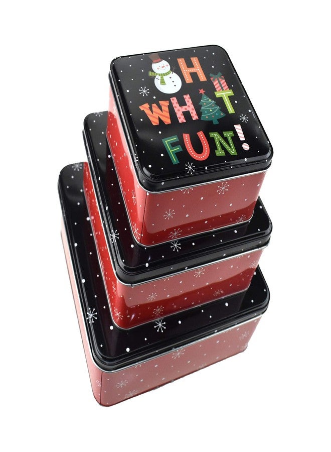 Homeford Tiered Square Oh What Fun Christmas Cookie Tin Containers, Assorted Sizes, 3-Piece