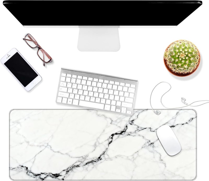 Dynippy Thin Extended Gaming Mouse Pad （31.5 * 11.8 * 0.08 inch） with Stitched Edges Large Mousepad Long XXL Keyboard and Mouse pad Desk Mat for Gaming Office & Home - White Black Marble - Image 3