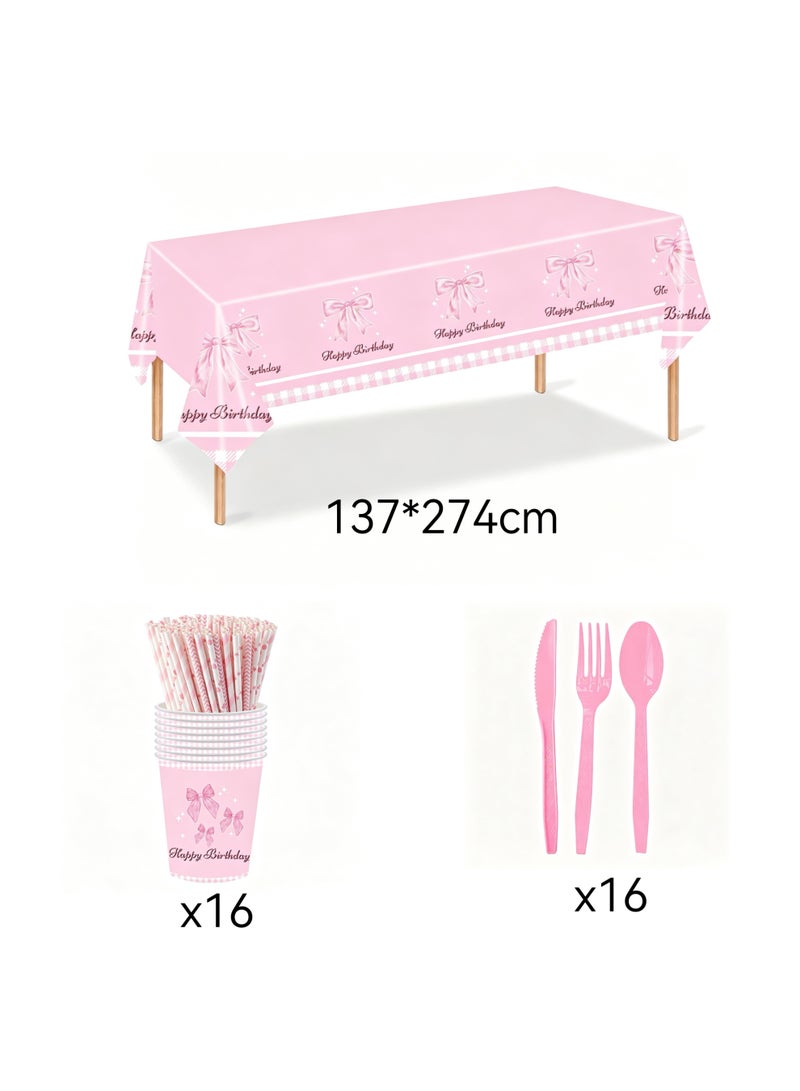 133 PCS Disposable Paper Plates and Napkins,16 Guest Bow Design Party Supplies Dinnerware Set Include Scalloped Paper Plates Napkin Cup Straw Plastic Spoon Fork Knive for Party,Birthday ( Pink) - Image 3