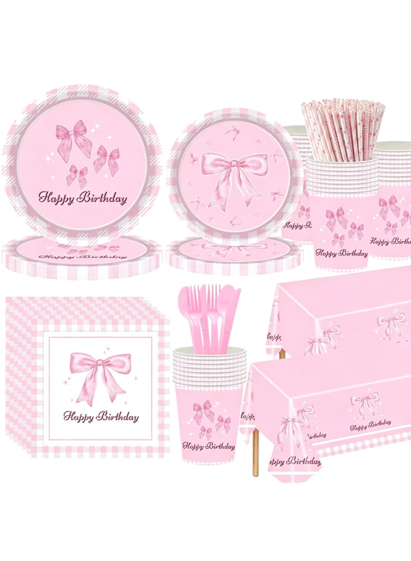 133 PCS Disposable Paper Plates and Napkins,16 Guest Bow Design Party Supplies Dinnerware Set Include Scalloped Paper Plates Napkin Cup Straw Plastic Spoon Fork Knive for Party,Birthday ( Pink) - Image 1